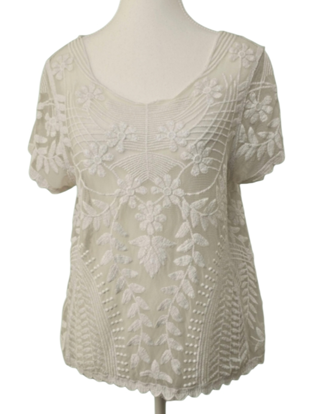 Express Vintage White Lace Sheer Blouse Short Sleeve Floral Mesh Top Women Sz M